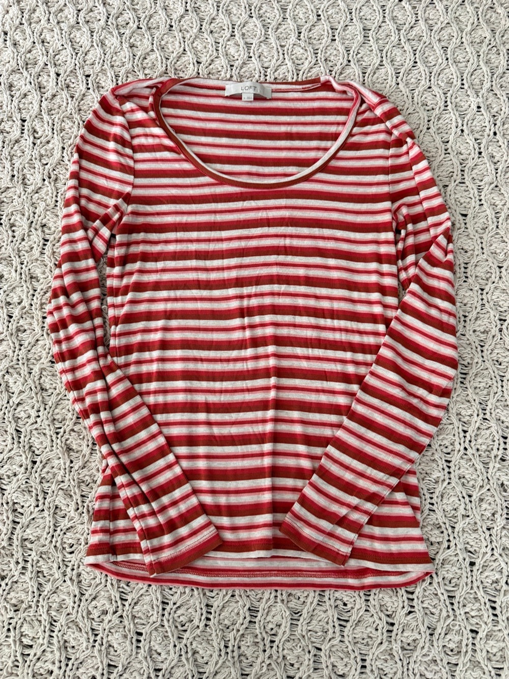 LOFT Red and White Striped Long Sleeve Scoop Neck Top